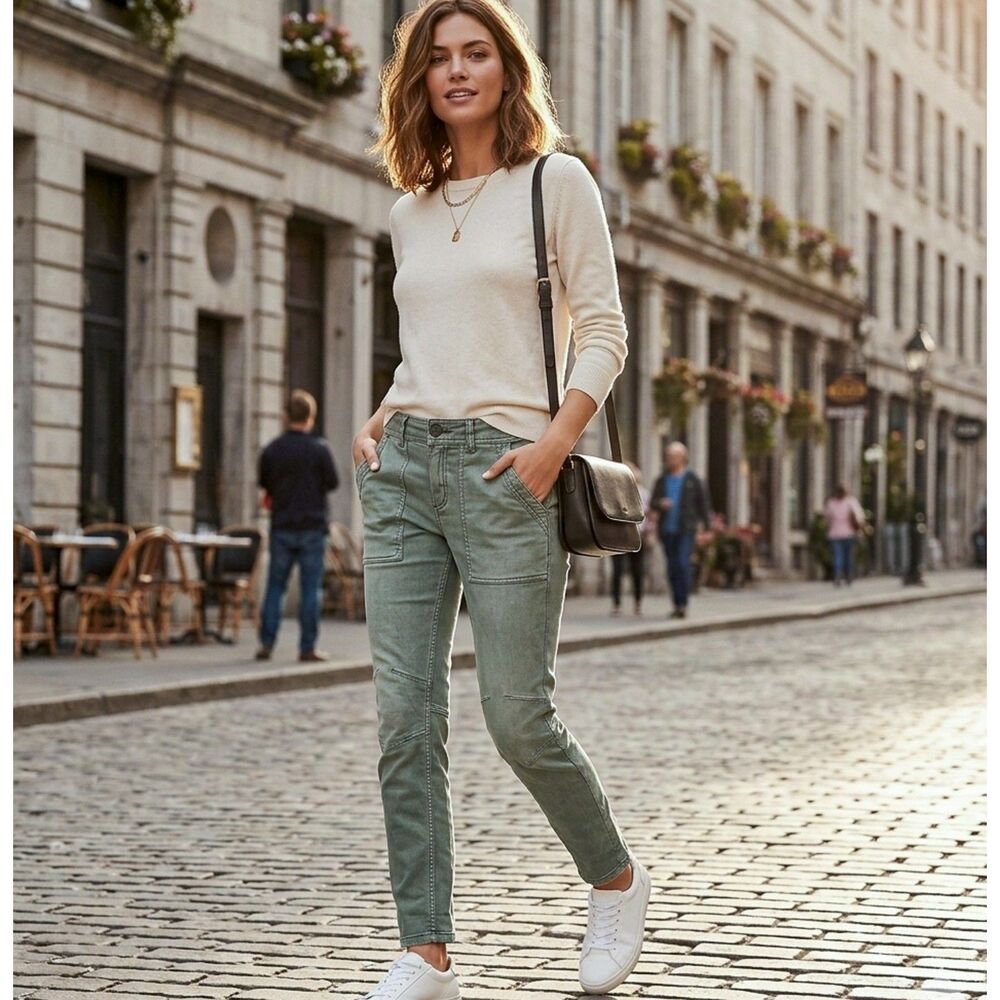 Free People Jillian Moto Seam Detail Skinny Jeans Olive Green Size 31